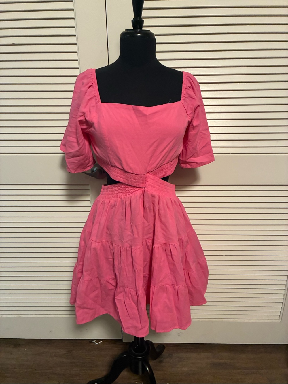 Bright Pink Square-Neck Tiered Mini Dress with Cutout Waist
